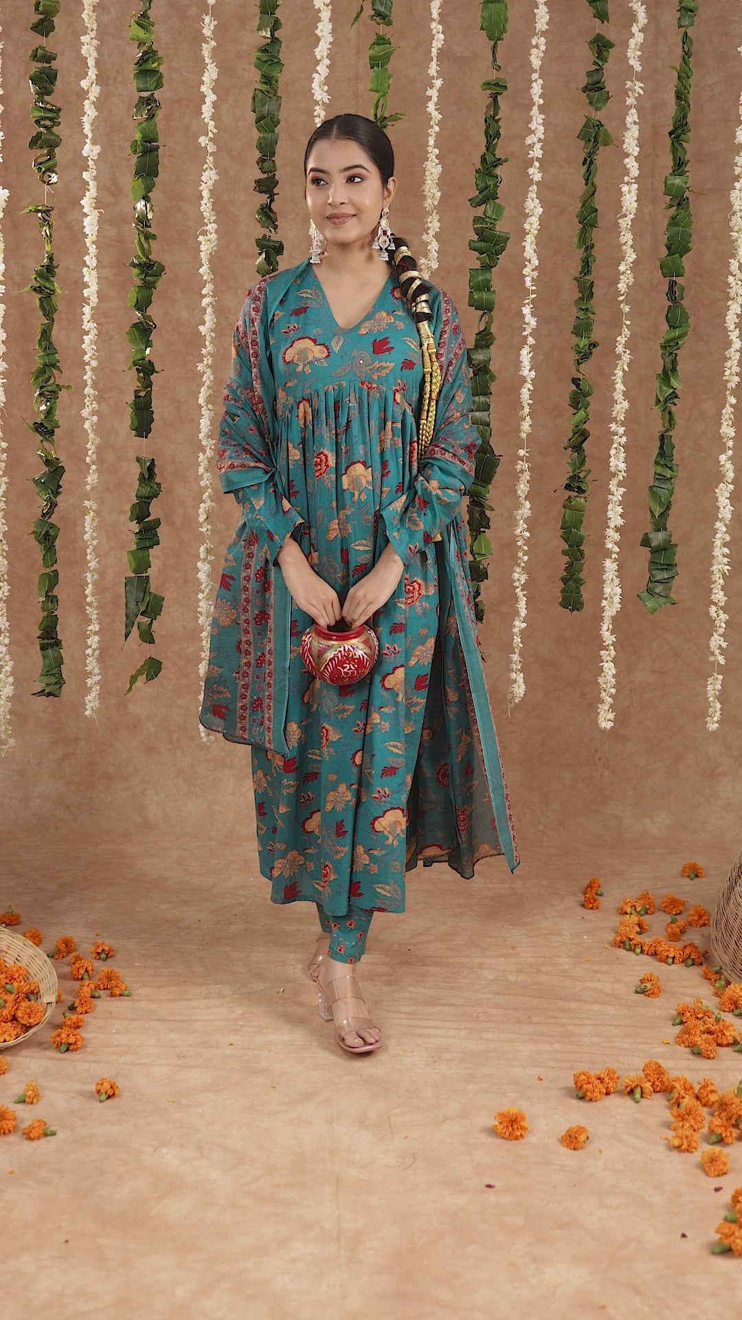 Seagreen mul cotton anarkali suit