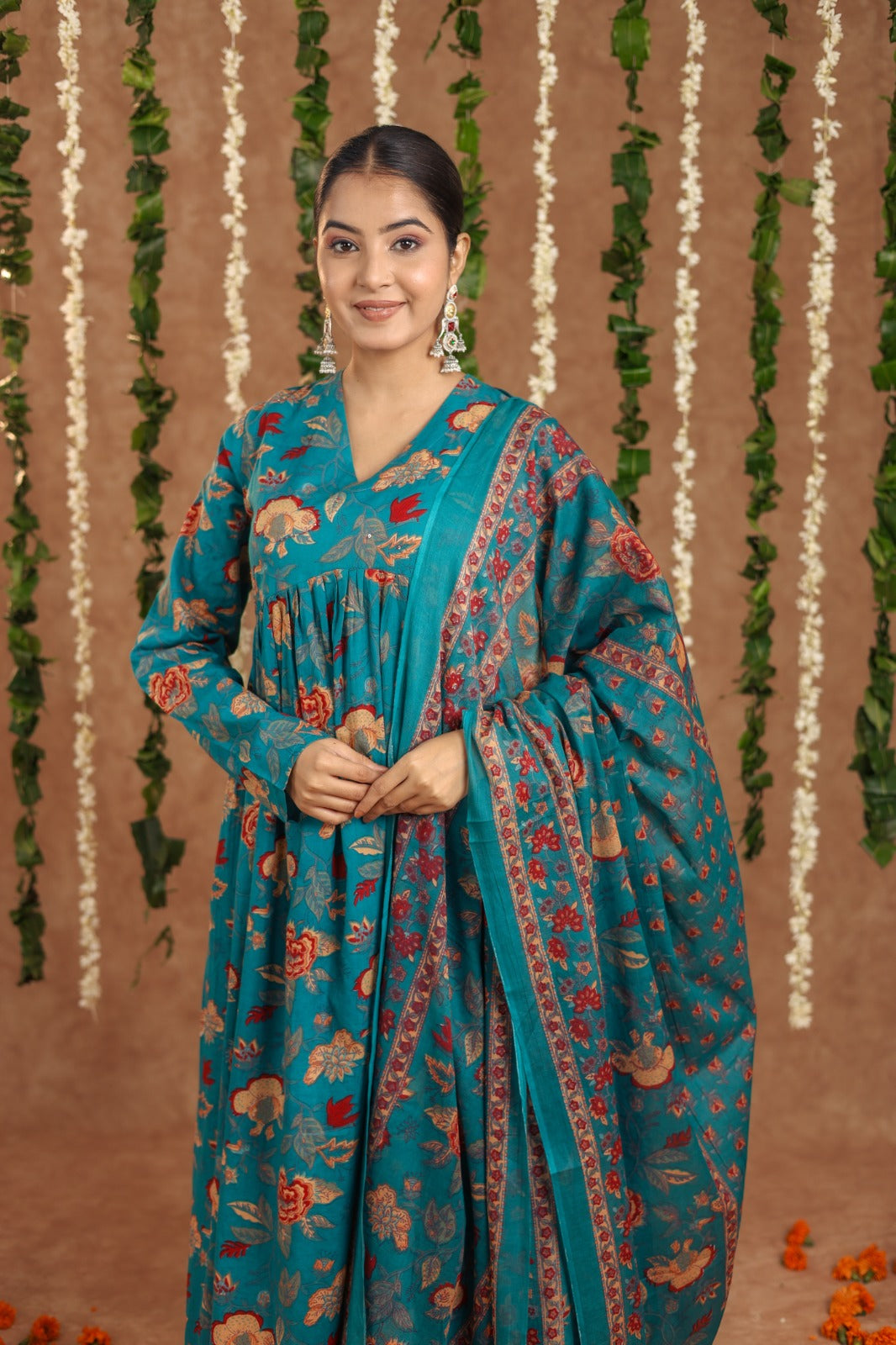 Seagreen mul cotton anarkali suit