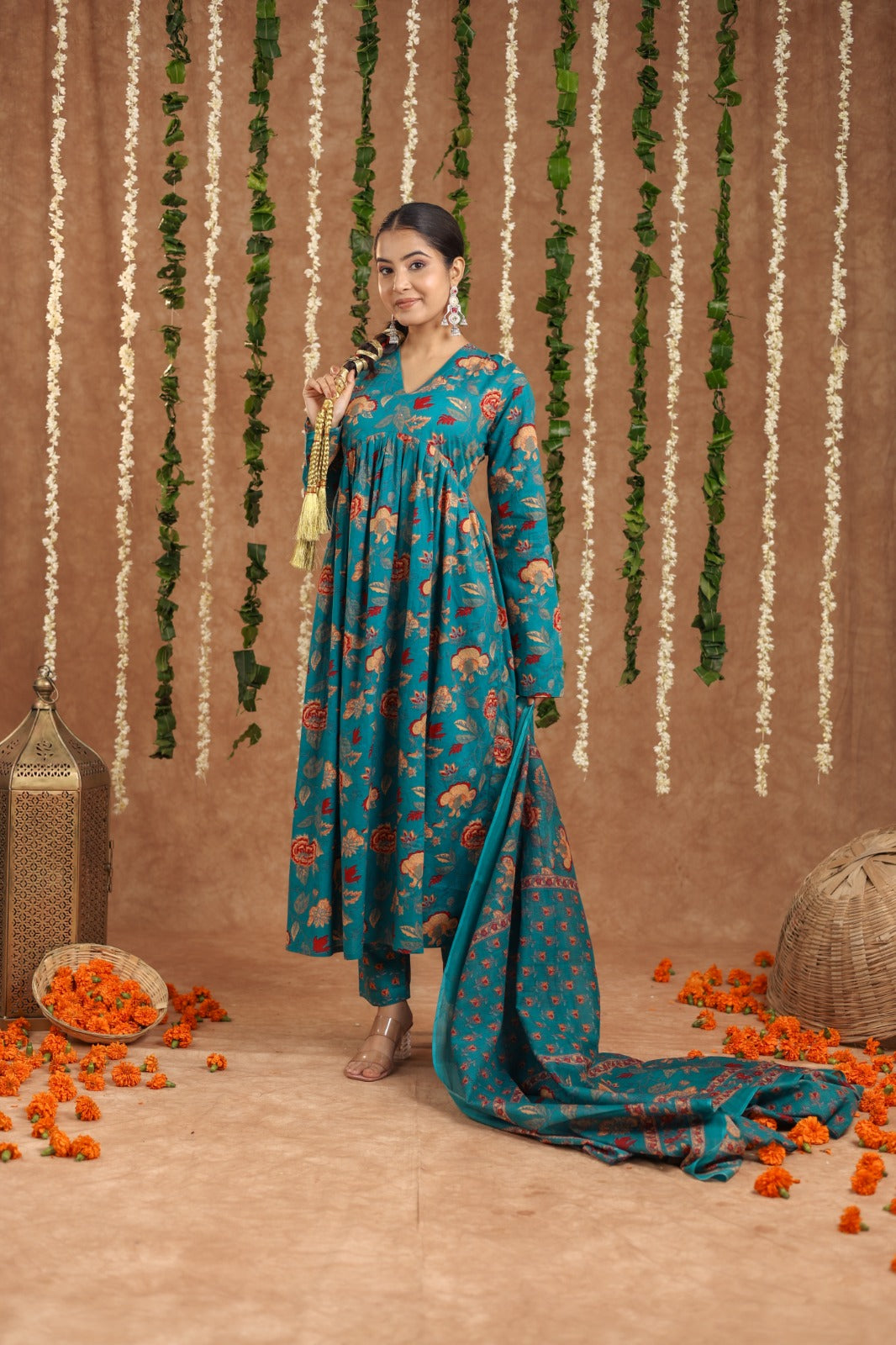 Seagreen mul cotton anarkali suit