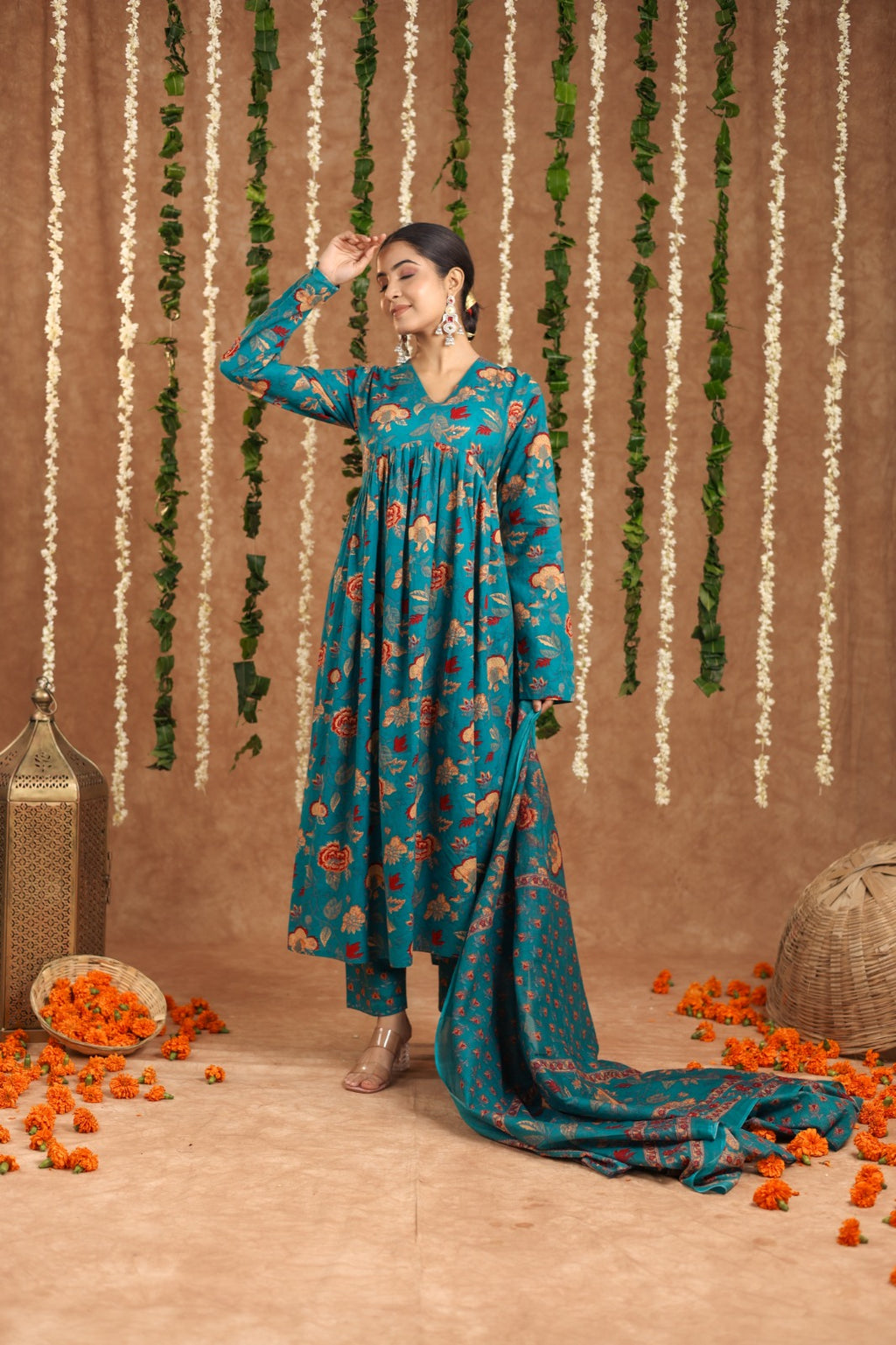 Seagreen mul cotton anarkali suit