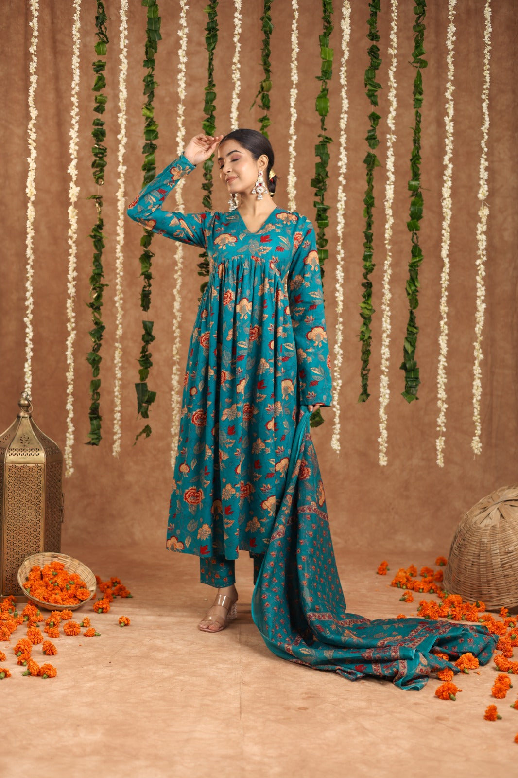 Seagreen mul cotton anarkali suit