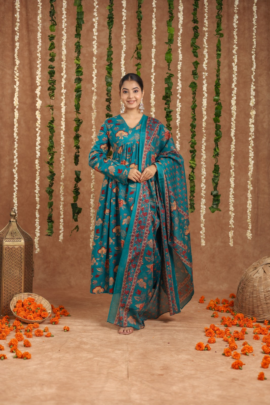 Seagreen mul cotton anarkali suit